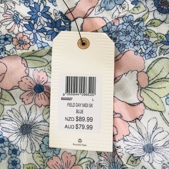 Billabong BNWT Field Day A-Line Midi Skirt Blue Size Large RRP $80 - Picture 9 of 12